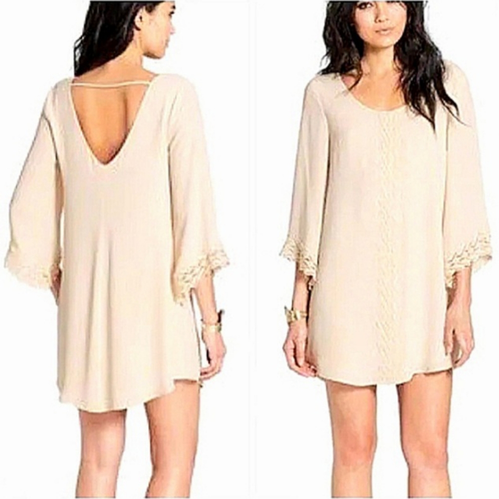Astr Chiffon Lace Trim Girly Coquette Tunic Mini Dress Women's Sz Med Cream